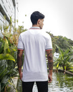 Men's White Polo T-Shirt with 'Positive Mindset Brings Peace' Print on Collar and Sleeves