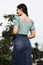 Womens Puff Sleeves Square Neck Crop Top with Tessles
