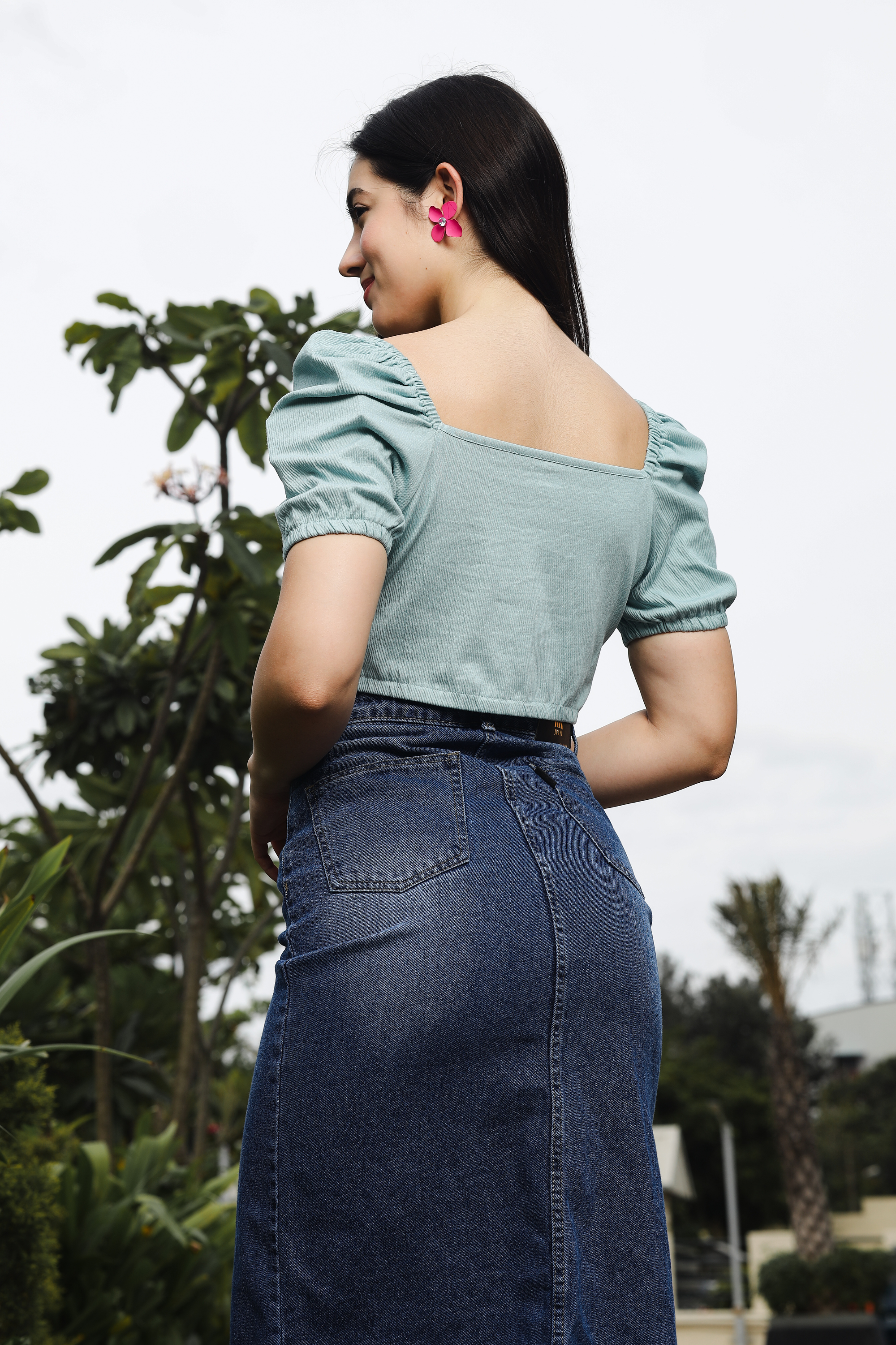 Womens Puff Sleeves Square Neck Crop Top with Tessles