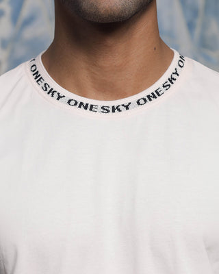 Men's Round Neck Silver Peony Oversized Tee, "One Sky" Typographic Pure Cotton T-shirt