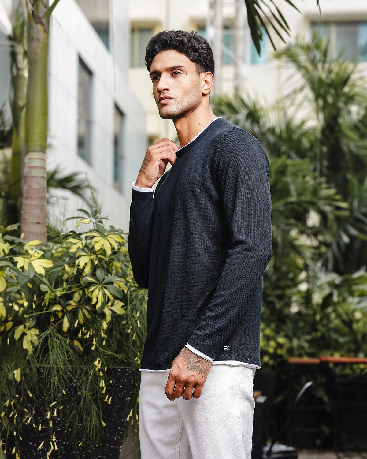 Men's Black Self Textured Full Sleeve Crew Neck T-shirt