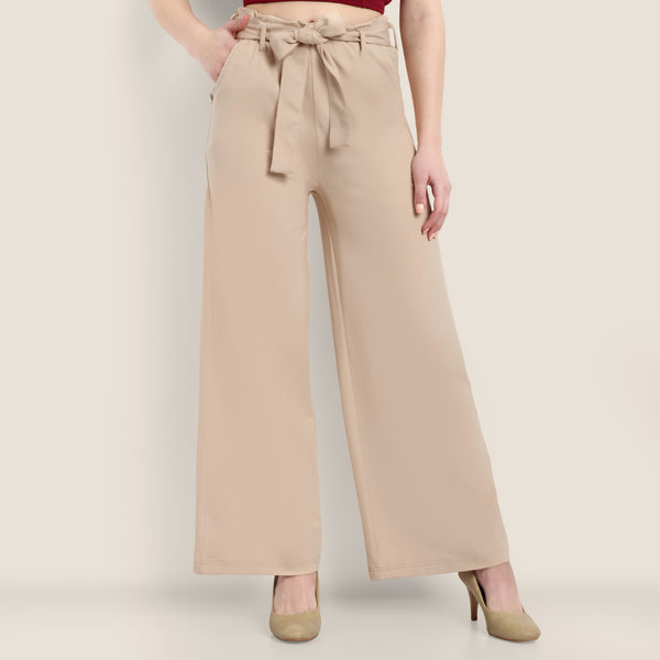 Women Beige Cotton Blend Trousers