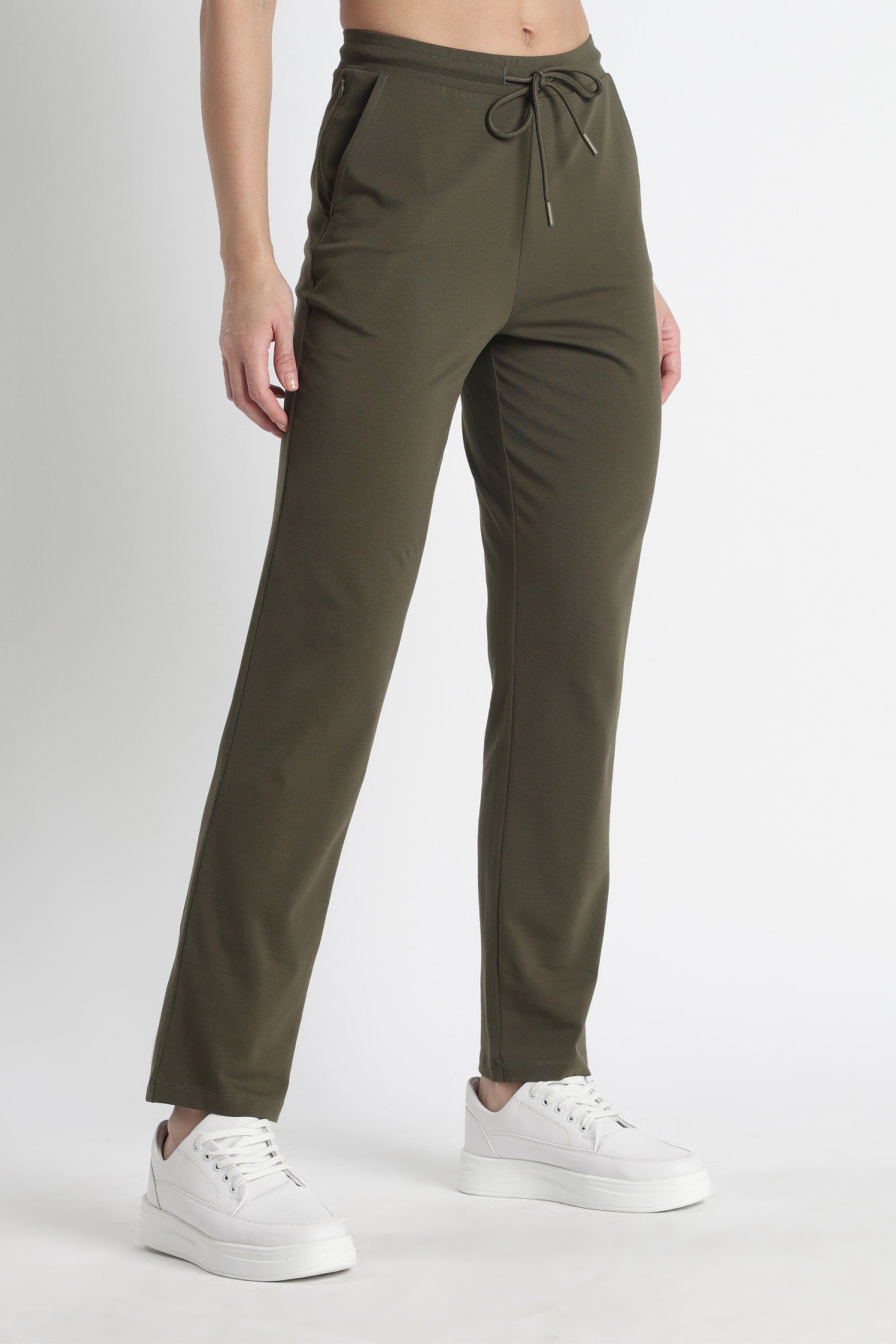 ONE SKY Women’s Cotton Spandex Track Pant – Solid Mid-Rise Drawstring Joggers with 3 Pockets, Casual Loungewear, Flat Front, Machine Washable