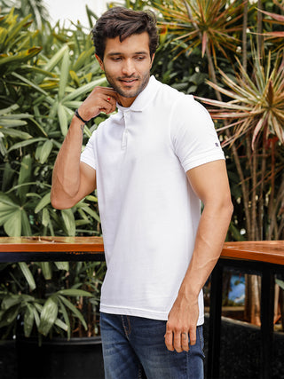 Mens Solid Polo Neck White T-Shirt