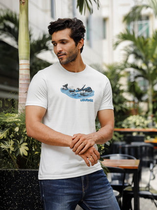 Mens Printed Round Neck White T-Shirt