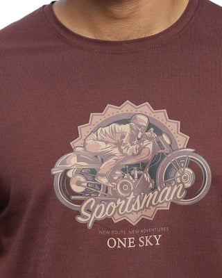 Mens Printed Round Neck Brown T-Shirt