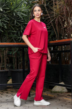 WOMEN ROUND NECK RED HALF SLV  CO-ORD SET
