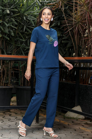 WOMEN ROUND NECK BLUE HALF SLV  CO-ORD SET