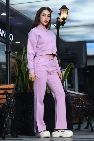 ONE SKY Women's Printed Crop Tracksuit | Cotton Blend Co-ord Set with Zipper Stand Collar Top & Drawstring Pants | Typographic Design & 2 Pockets