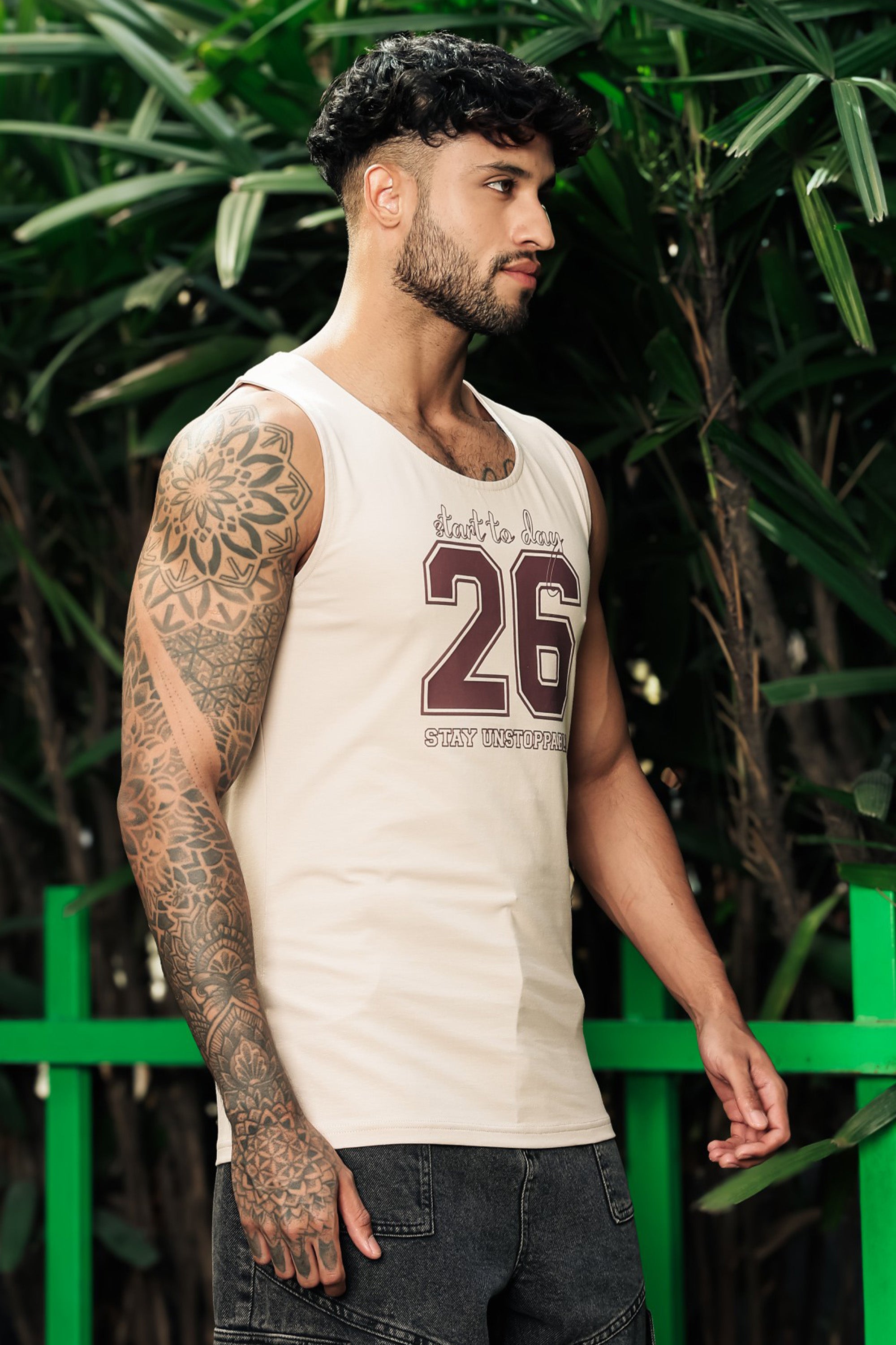 ONE SKY Men’s Cotton Spandex Printed Tank Top | Sleeveless Round Neck Casual Vest | Typography Print | Stretch Fabric | Machine Wash