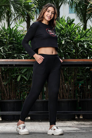 WOMEN ROUND NECK BLACK FULL SLV  CO-ORD SET