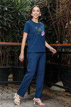 WOMEN ROUND NECK BLUE HALF SLV  CO-ORD SET