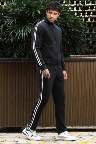 Men's Striped Tracksuit Set | Cotton Blend Activewear with Mock Collar | Zipper Top & Drawstring Bottom | 4 Pockets | Mid-Rise Flat Front Joggers | Casual Gym Sportswear