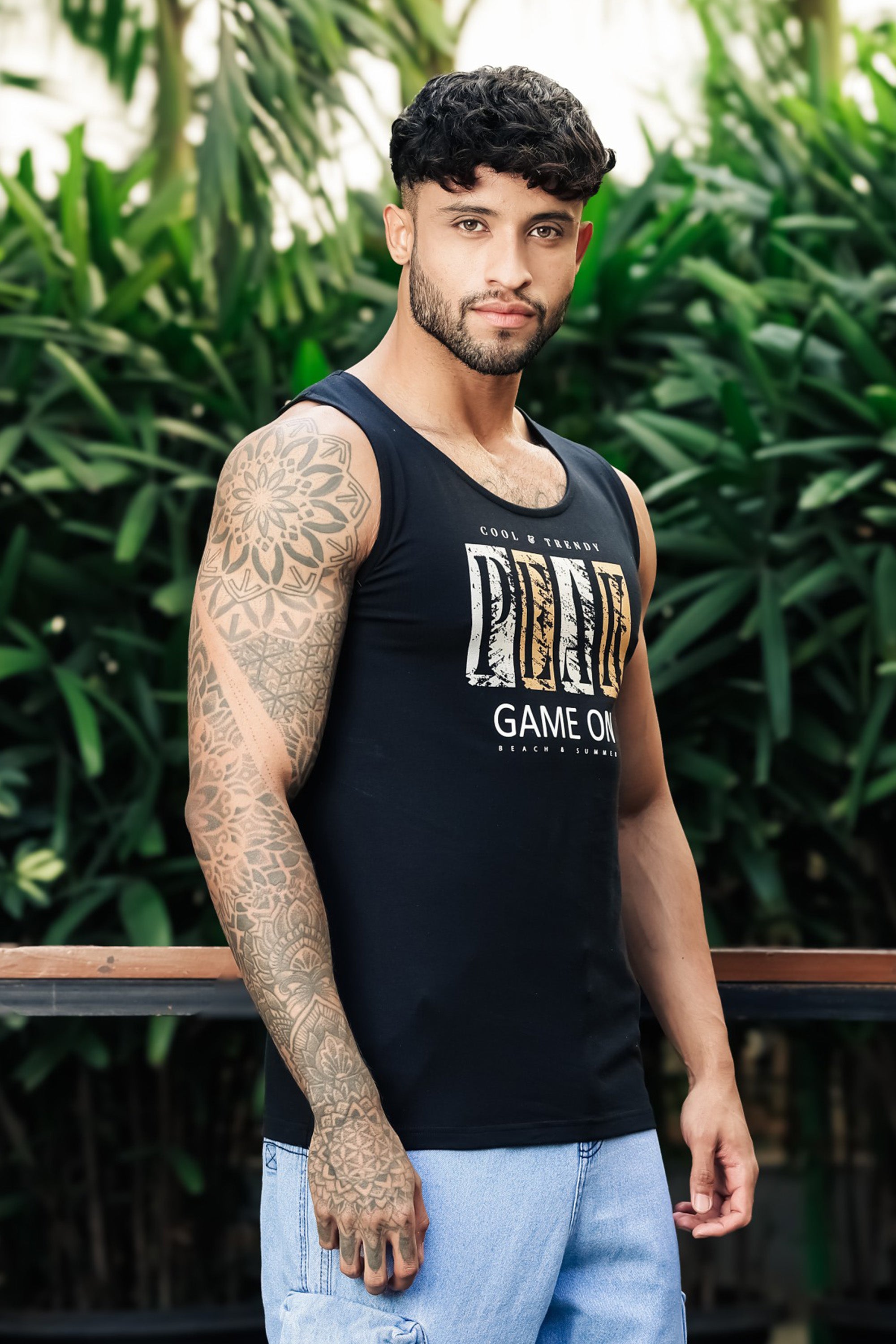 ONE SKY Men’s Cotton Spandex Printed Tank Top | Sleeveless Round Neck Casual Vest | Typography Print | Stretch Fabric | Machine Wash