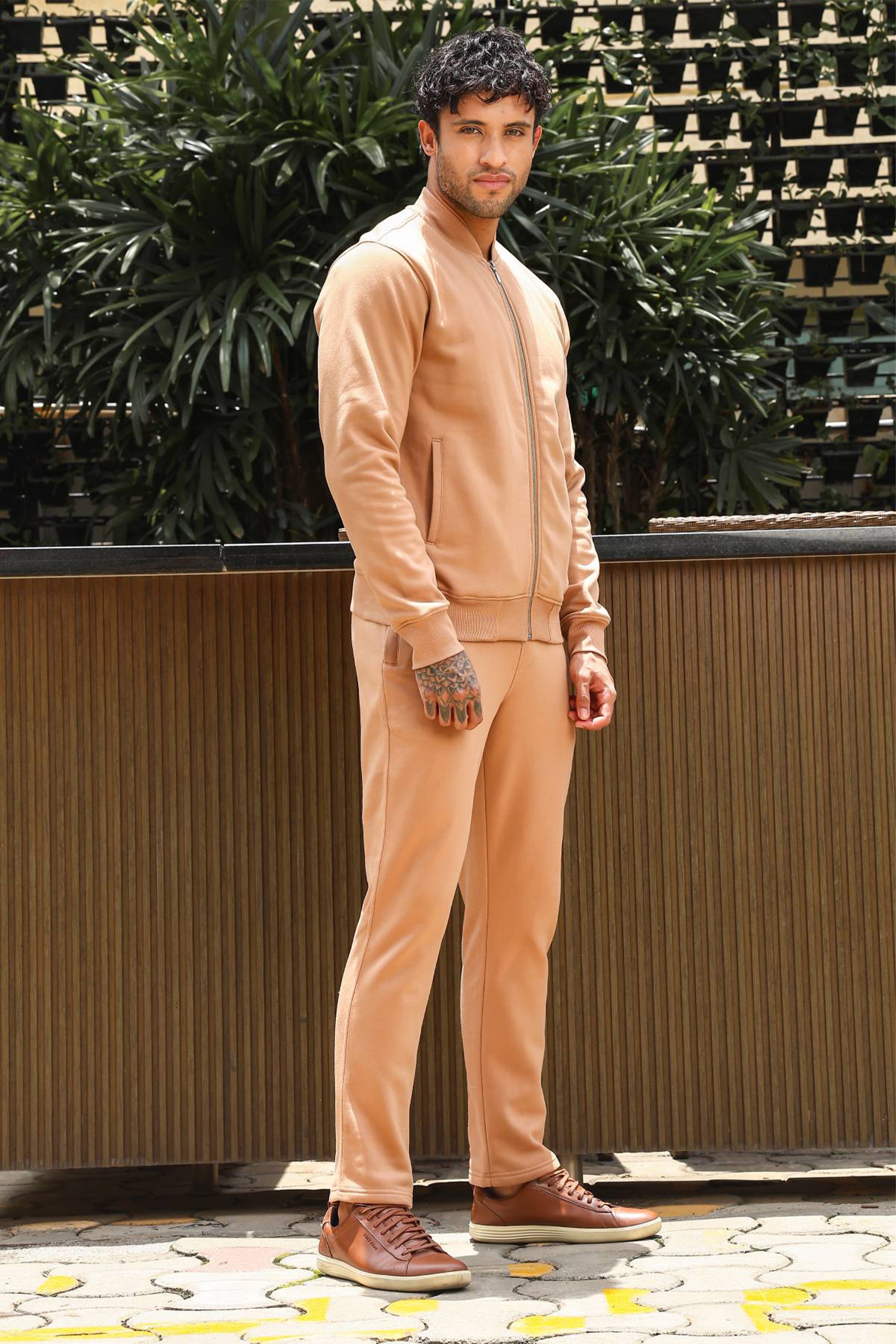 Men’s Solid Tracksuit Set | Stand Collar Zip-Up Jacket & Drawstring Joggers | Cotton Blend | Mid-Rise Flat Front | 4 Pockets | Long Sleeves | Casual Athleisure Wear