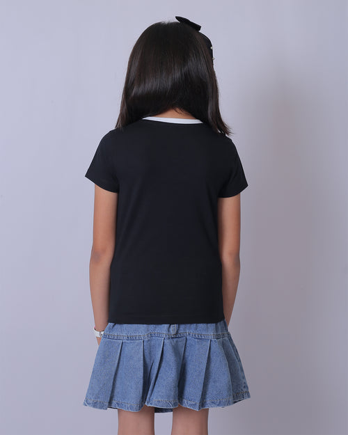 Girls Black Round Neck T-Shirt