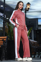 ONE SKY Women's Striped Typographic Tracksuit | Cotton Blend Zipper Jacket with Mock Collar & Drawstring Pants | 4 Pockets | Flat Front Design