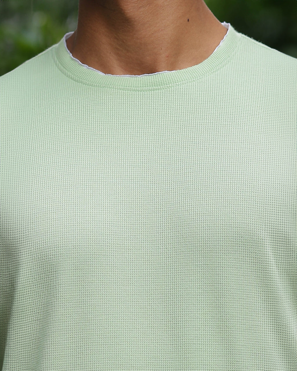 Men's Green Self Textured Full Sleeve Crew Neck T-shirt