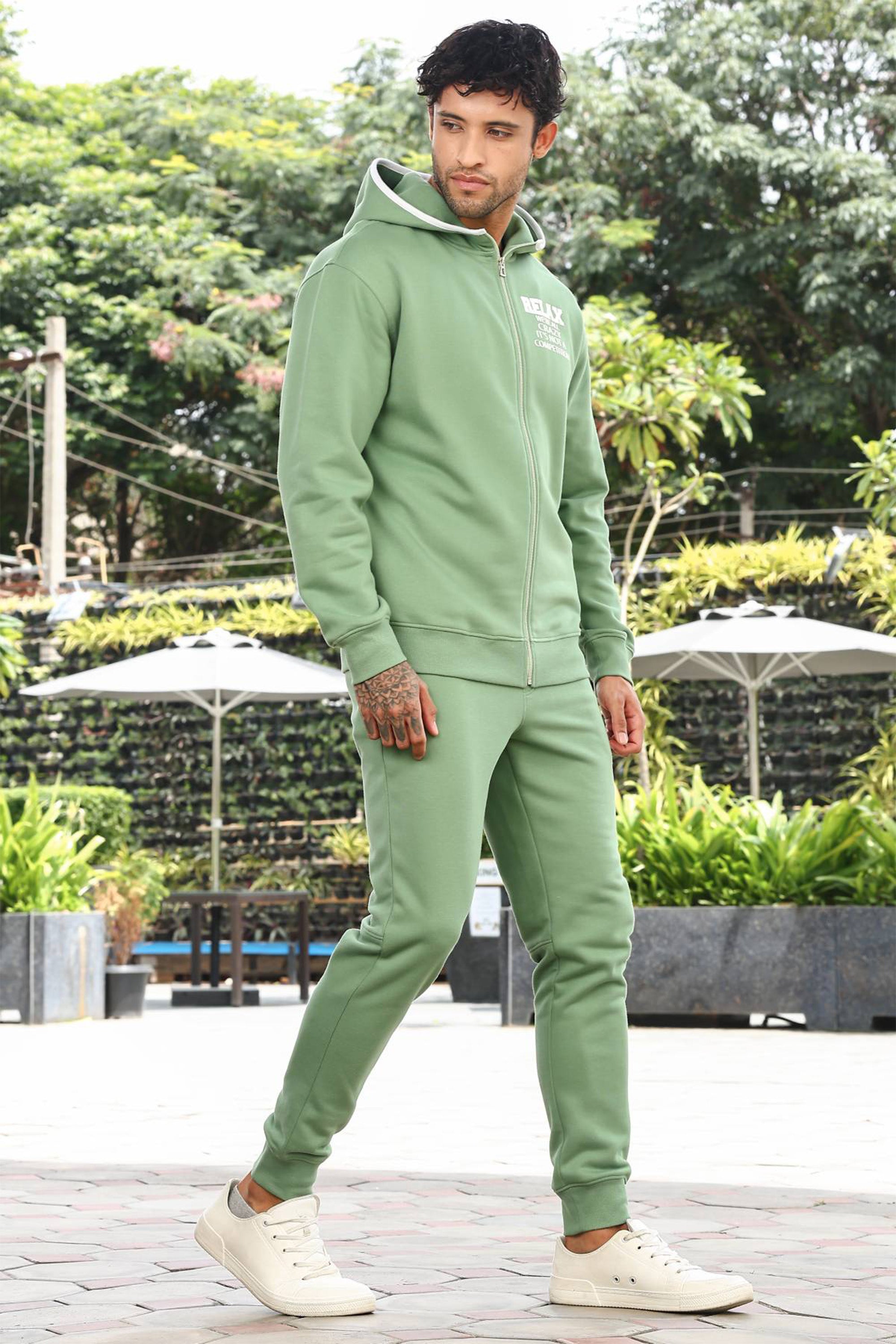 Men's Hooded Tracksuit Set | Typography Print Cotton Blend | Zip-Up Hoodie & Slip-On Joggers | Mid-Rise Fit | Long Sleeves | 4 Pockets | Casual Athleisure Streetwear