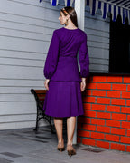 Women's Chic Balloon Sleeve Knee-Length Purple Dress with Front Cut-Out and Tie