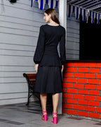 Women's Chic Balloon Sleeve Knee-Length Black Dress with Front Cut-Out and Tie
