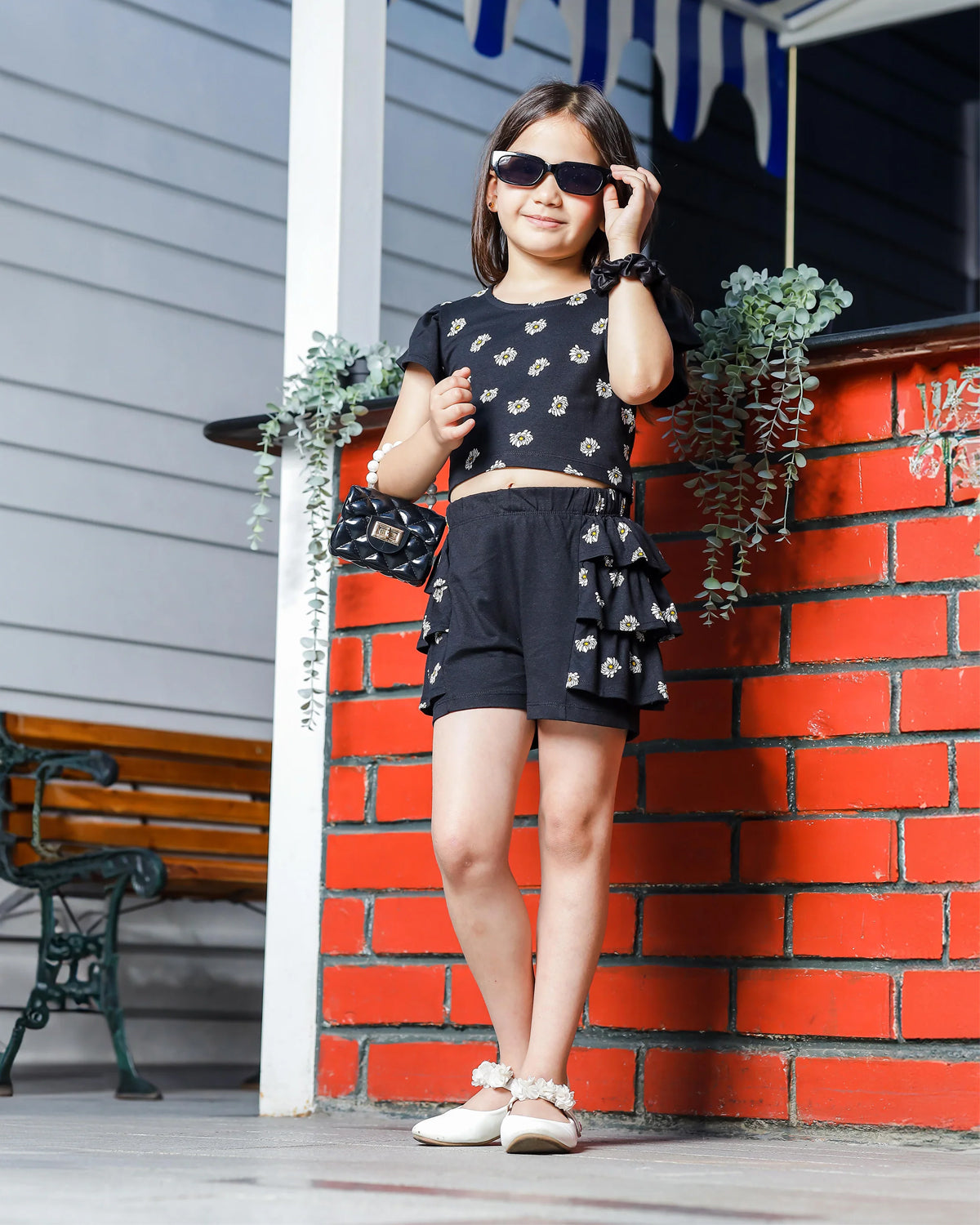 Girls Co-ord Set Top with Shorts - Stylish Black With Floral Print