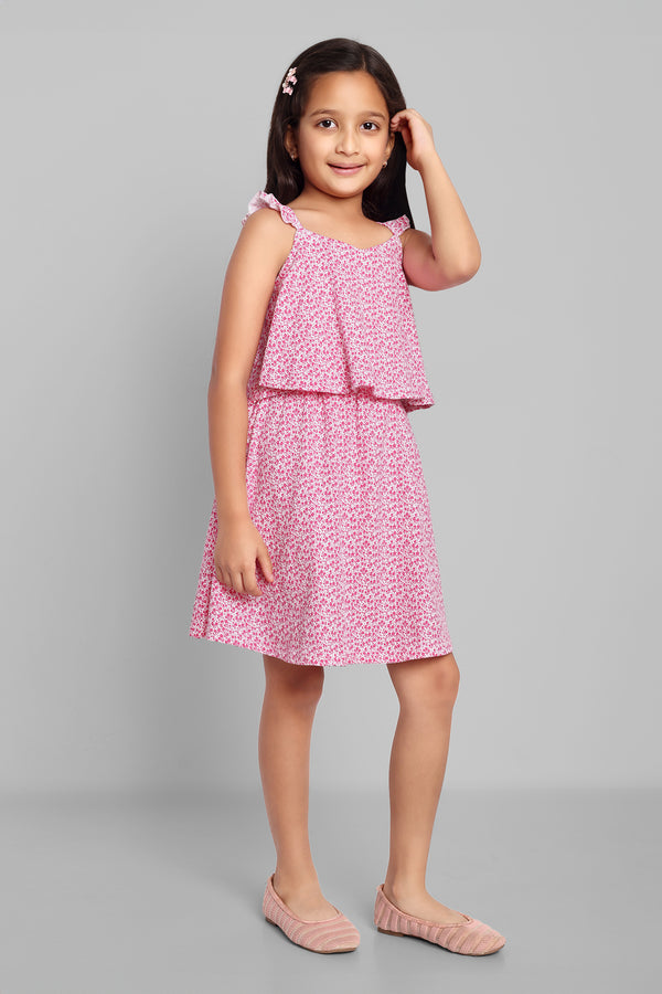 Girls Cotton Floral Print Sleeveless Pink Dress