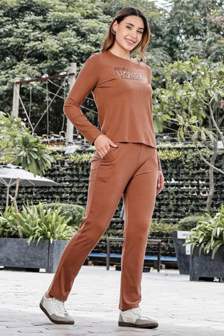 WOMEN ROUND NECK BROWN FULL SLV  CO-ORD SET