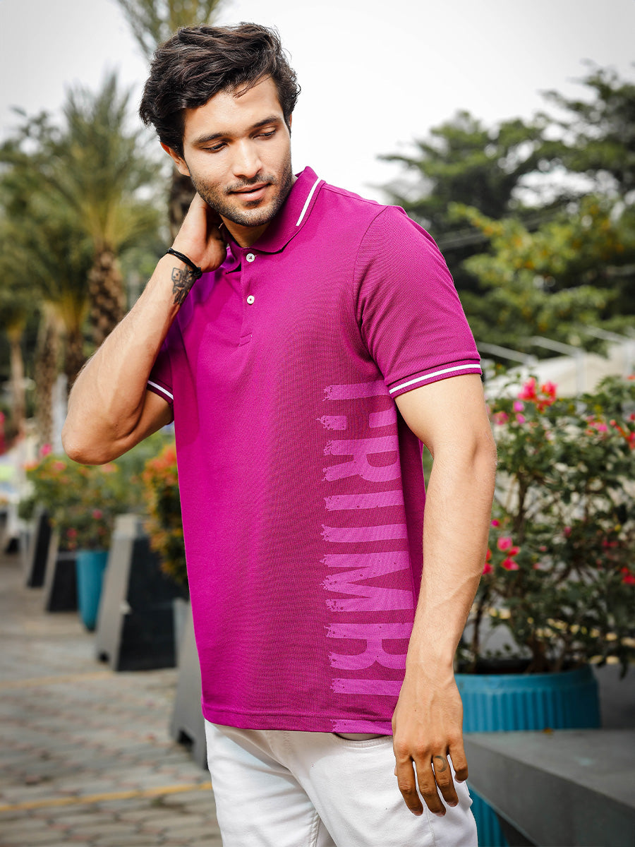 Mens Graphic Print Polo Neck Purple T-Shirt