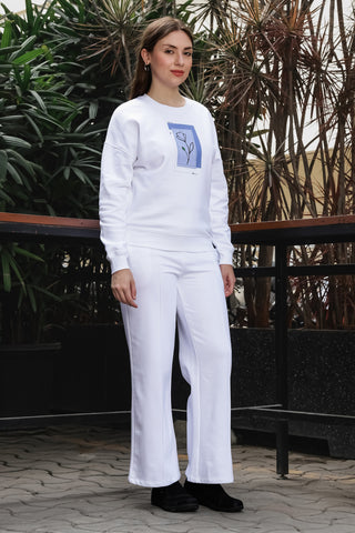 ONE SKY Women's Embroidered & Floral Round Neck Tracksuit | Cotton Blend Long Sleeve Top & Mid-Rise Pleated Slip-On Pants | 4 Pockets