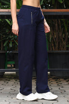 ONE SKY Women's Straight Fit Solid Bottoms | Mid-Rise Cotton Blend Trousers | Flat Front with Drawstring & 2 Pockets