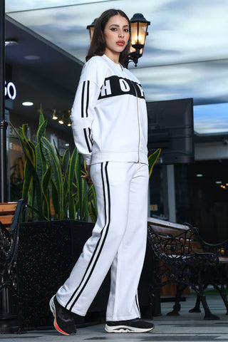 ONE SKY Women's Striped & Typographic Tracksuit | Cotton Blend Co-ord Set with Zipper Mock Collar Jacket & Slip-On Pants | 4 Pockets