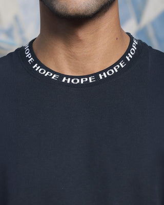 Men's Round Neck Black Oversized Tee, "Hope" Typographic Pure Cotton T-shirt