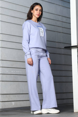 ONE SKY Women's Embroidered & Floral Round Neck Tracksuit | Cotton Blend Long Sleeve Top & Mid-Rise Pleated Slip-On Pants | 4 Pockets