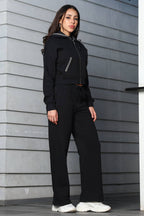 ONE SKY Women's Front Open Crop Tracksuit | Cotton Blend Co-ord Set with Hooded Zipper Top & Drawstring Pants | 4 Pockets