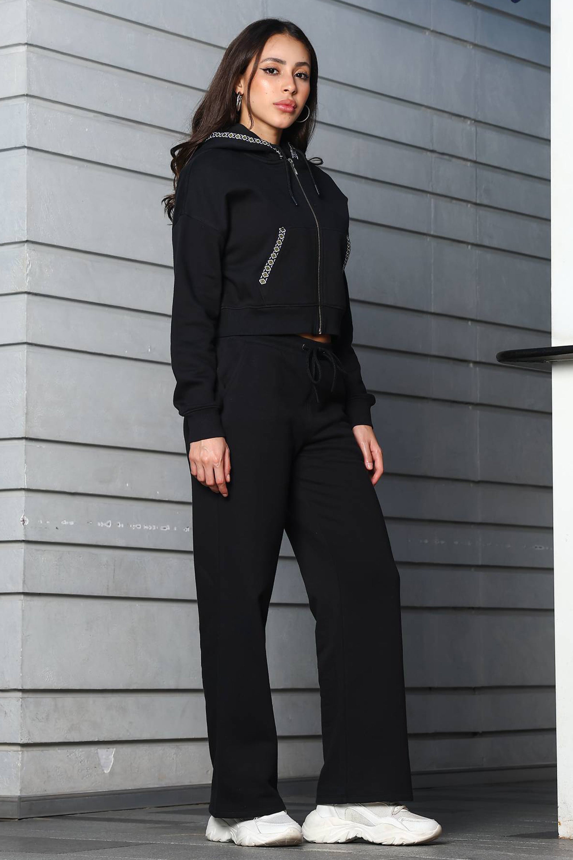 ONE SKY Women's Front Open Crop Tracksuit | Cotton Blend Co-ord Set with Hooded Zipper Top & Drawstring Pants | 4 Pockets
