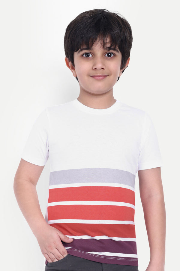 Boys Stylish Multi-Color Striped Round Neck T-shirt - 100% Cotton, Soft & Comfortable