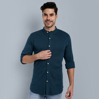 Men Navy Chinese Collar Formal Shirt