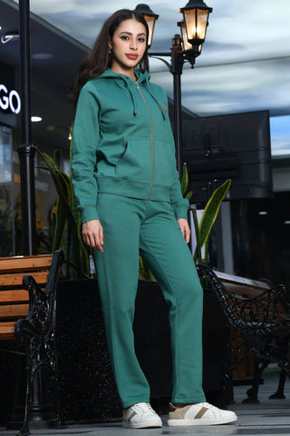 ONE SKY Women's Printed Hooded Tracksuit | Cotton Blend Co-ord Set with Zipper Jacket & Slip-On Pants | Typographic Design & 4 Pockets