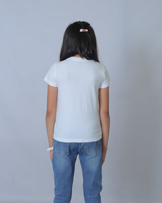 Girls White Round Neck T-Shirt