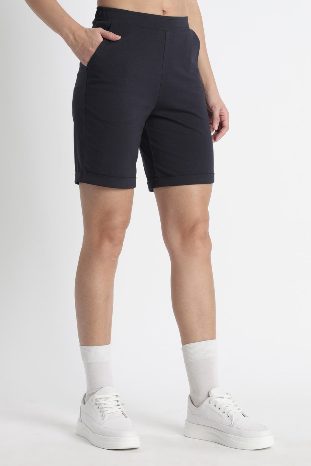 ONE SKY Women’s Cotton Spandex Bermuda Shorts | Mid Rise Casual Slip-On Shorts | 2 Pockets | Solid Color | Machine Wash