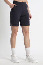ONE SKY Women’s Cotton Spandex Bermuda Shorts | Mid Rise Casual Slip-On Shorts | 2 Pockets | Solid Color | Machine Wash