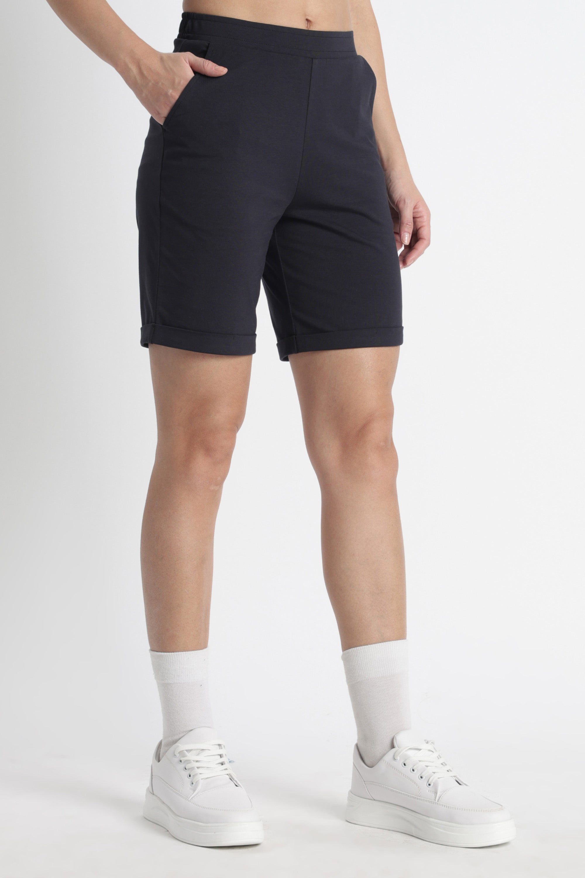 ONE SKY Women’s Cotton Spandex Bermuda Shorts | Mid Rise Casual Slip-On Shorts | 2 Pockets | Solid Color | Machine Wash