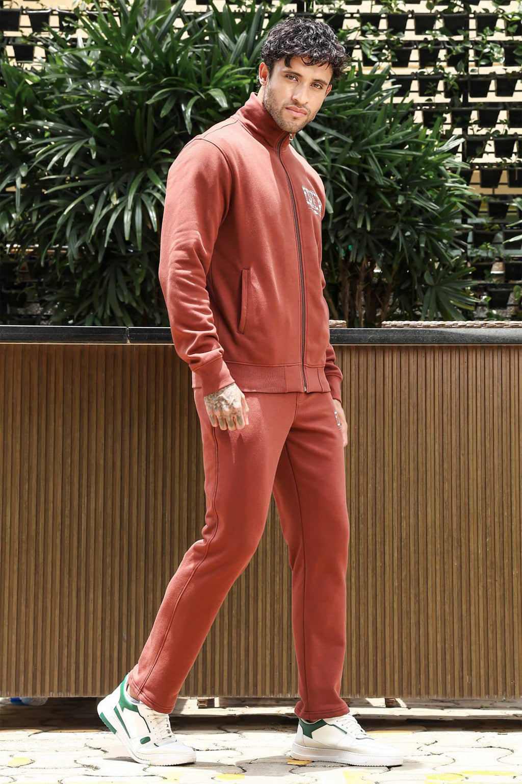 Men's Printed Tracksuit Set | Typography Print Cotton Blend | Mock Collar Zip-Up Top & Slip-On Joggers | Mid-Rise, 4 Pockets | Casual Athleisure Sportswear | Long Sleeves
