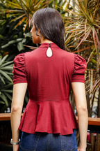 Womens Puff Sleeve Red Peplum Top