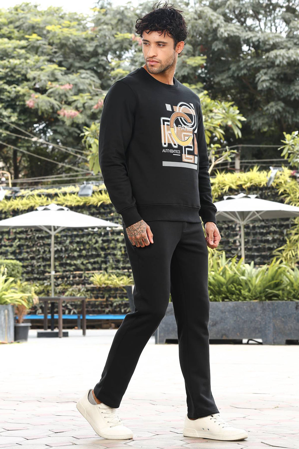 Men’s Typography Printed Tracksuit Set | Round Neck Long Sleeve Top & Drawstring Joggers | Cotton Blend | Mid-Rise Flat Front | 4 Pockets | Casual Athleisure Wear