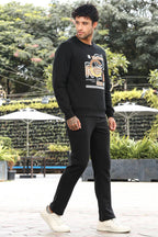 Men’s Typography Printed Tracksuit Set | Round Neck Long Sleeve Top & Drawstring Joggers | Cotton Blend | Mid-Rise Flat Front | 4 Pockets | Casual Athleisure Wear