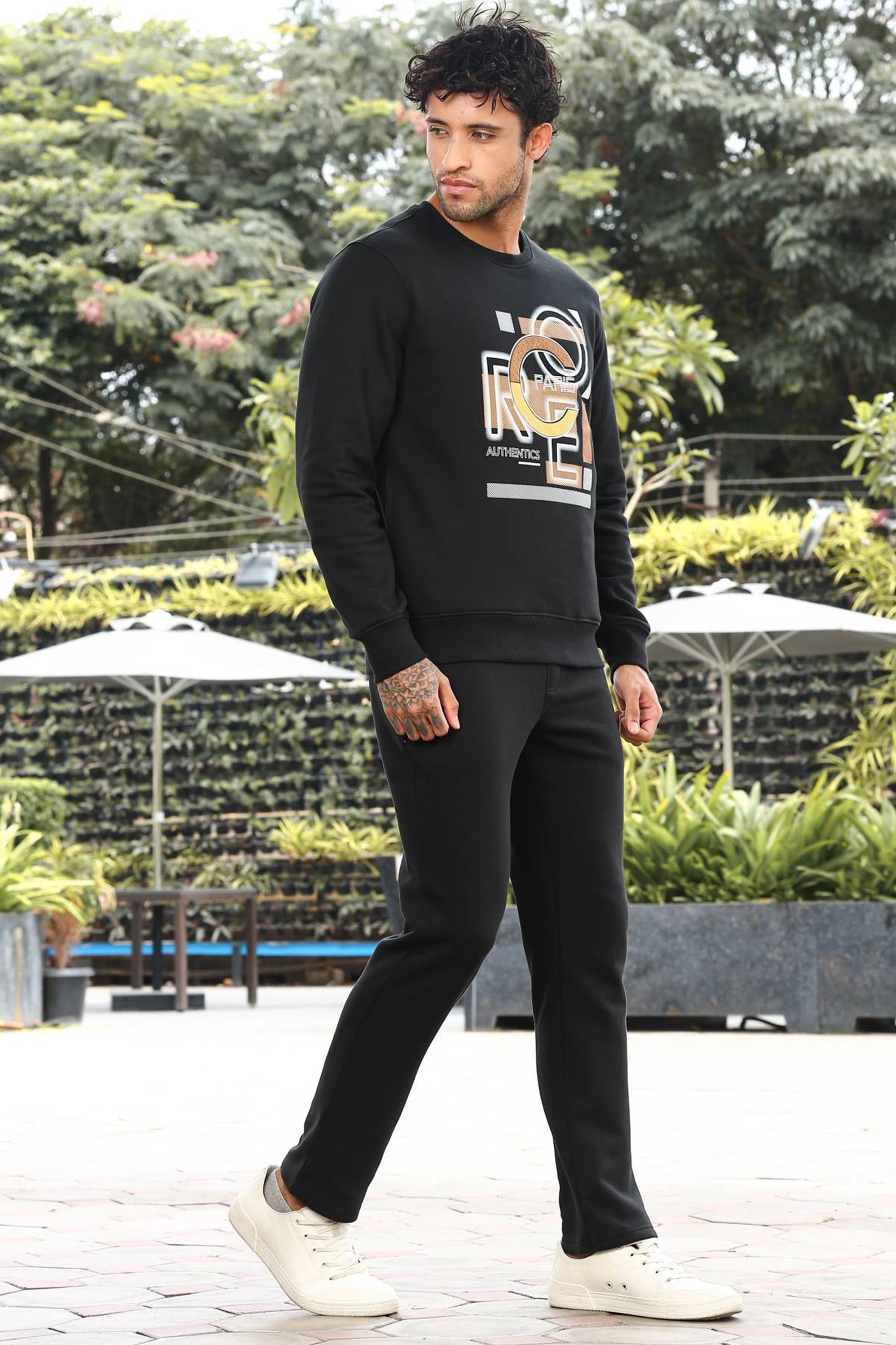 Men’s Typography Printed Tracksuit Set | Round Neck Long Sleeve Top & Drawstring Joggers | Cotton Blend | Mid-Rise Flat Front | 4 Pockets | Casual Athleisure Wear