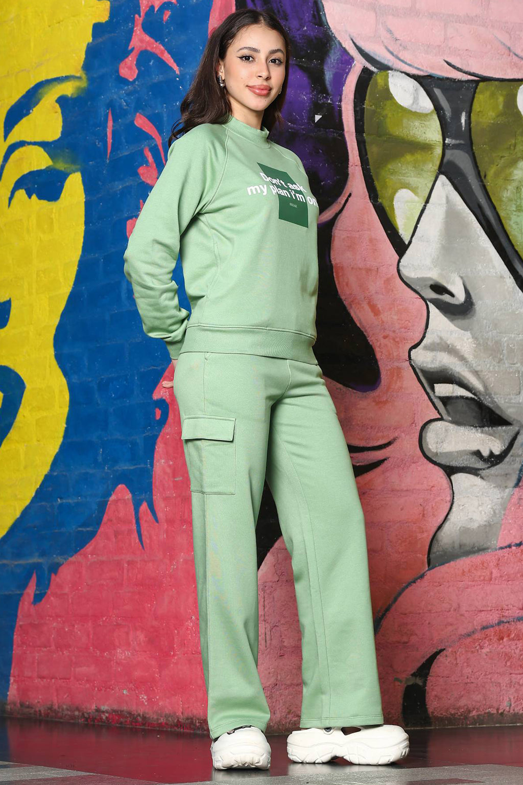 ONE SKY Women's Printed & Typographic High Neck Tracksuit | Cotton Blend Long Sleeve Top & Mid-Rise Slip-On Flat Front Pants | 6 Pockets