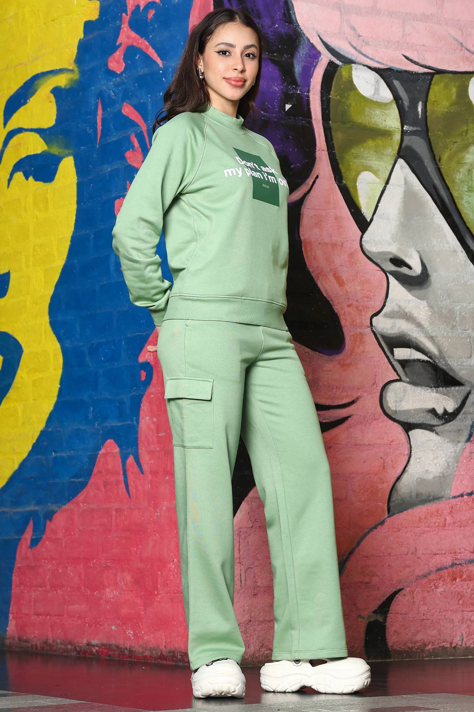 ONE SKY Women's Printed & Typographic High Neck Tracksuit | Cotton Blend Long Sleeve Top & Mid-Rise Slip-On Flat Front Pants | 6 Pockets